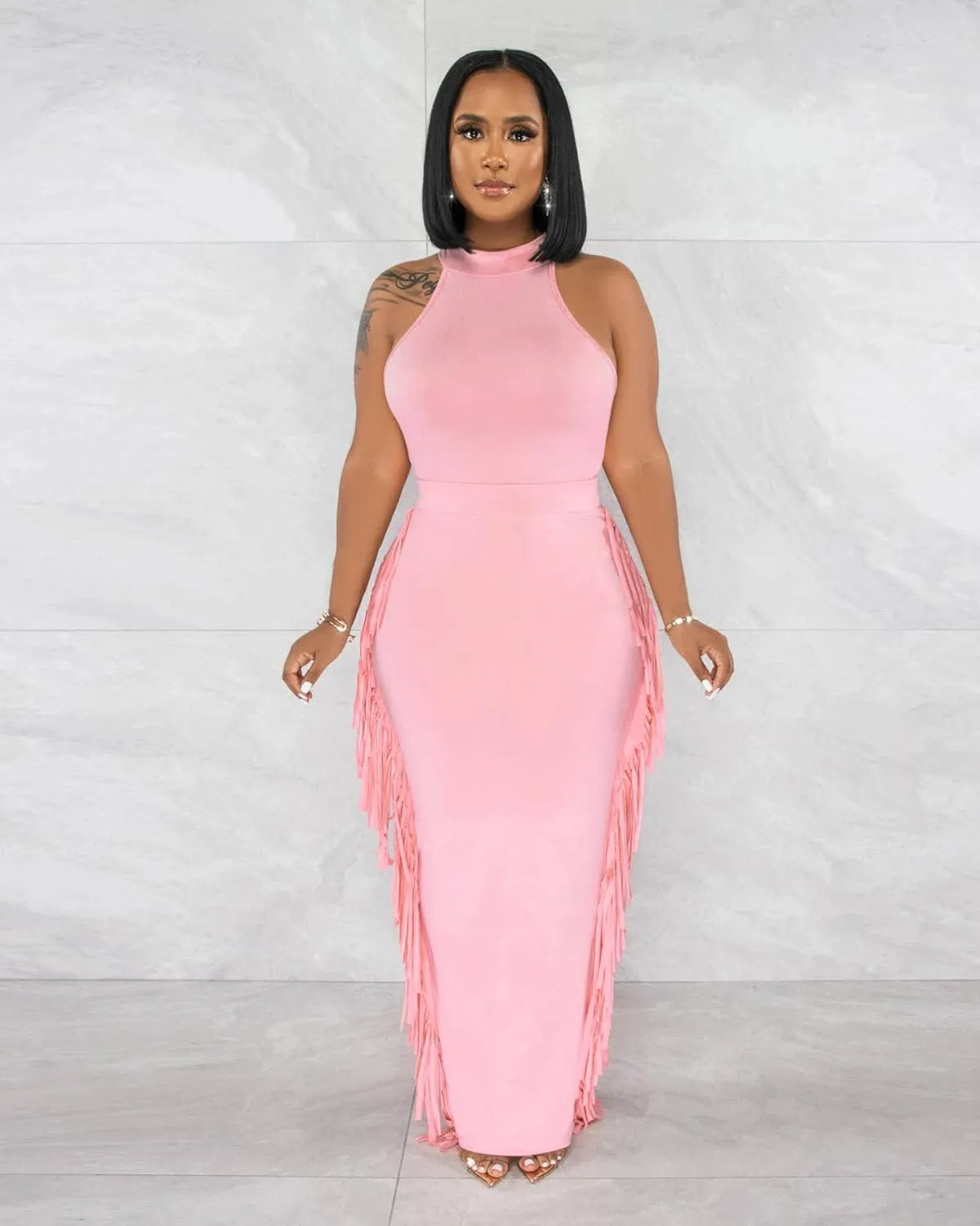 2 Piece Outfits for Women Sexy Crop Top Ruched Bodycon Maxi Dresses Fringe Skirt Sets Night Club Jumpsuits