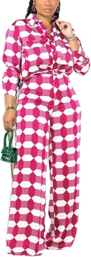 2 Piece Outfits for Women Sexy V Neck Print Shirts Tie Knot Batwing Blouses Crop Top Wide Leg Pants Set