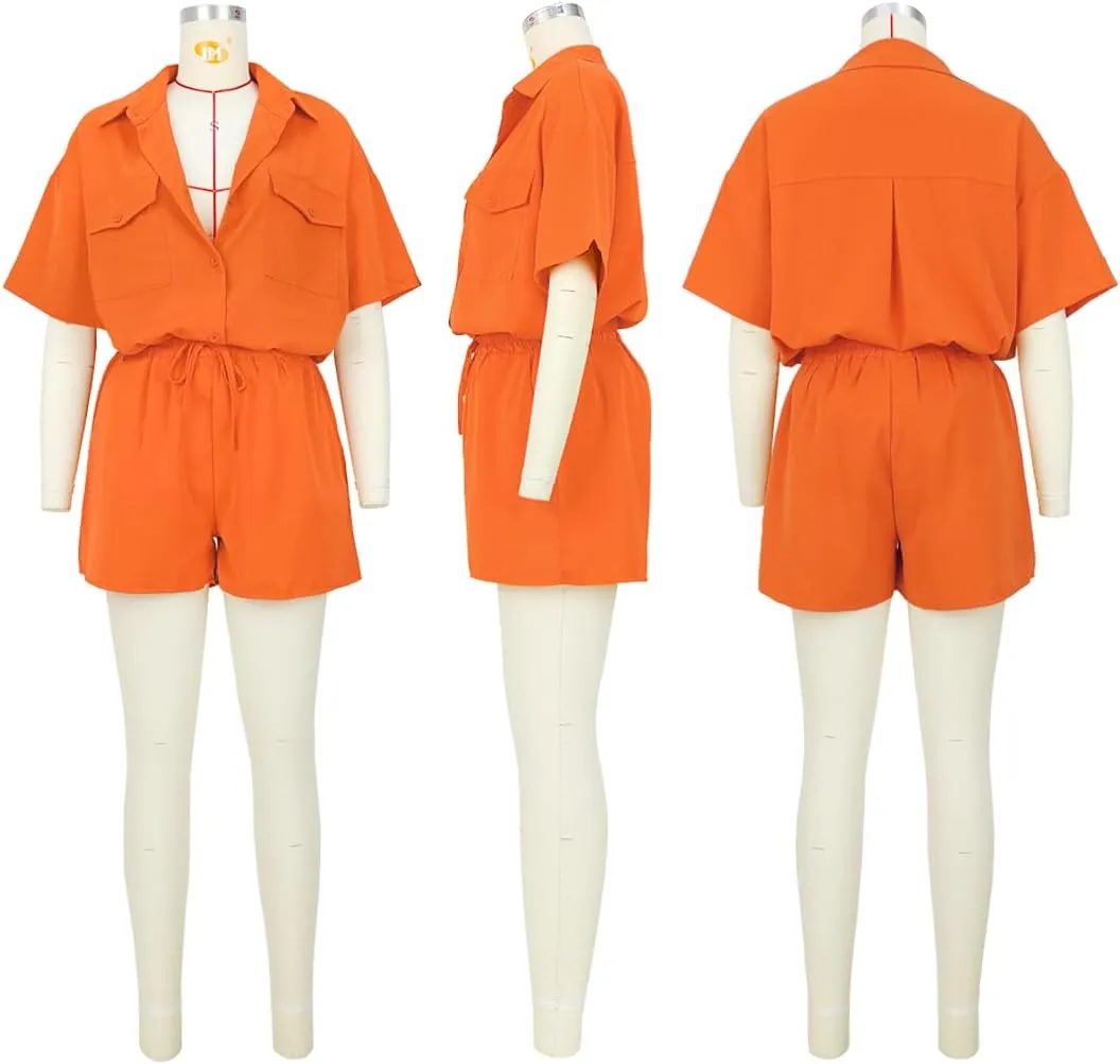 2 Piece Outfits for Women Summer Casual Short Sleeve Button Down Tops Blouses Shirts and Shorts Set with Pockets Romper