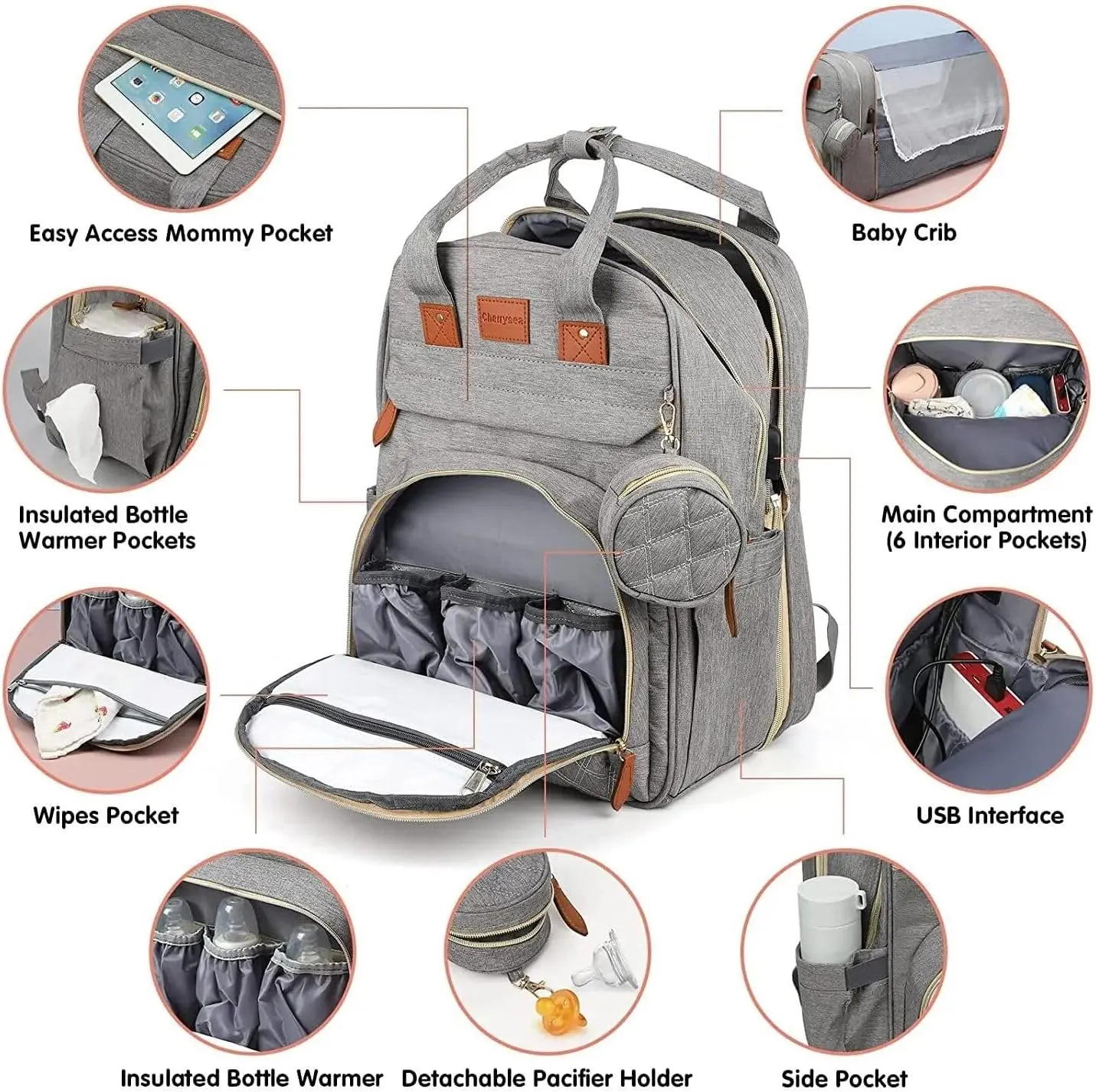 3-in-1 Diaper Bag Backpack with Foldable Baby Bed Black