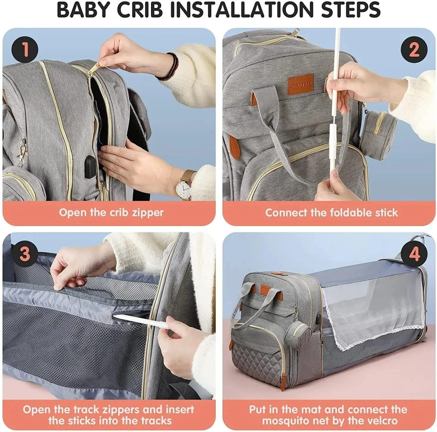 3-in-1 Diaper Bag Backpack with Foldable Baby Bed Black