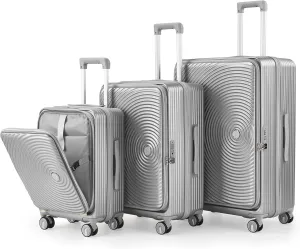 3 Piece Luggage Set, Expandable Carry On Suitcase with Front Pocket, Lightweight Hard Shell Design, Silver