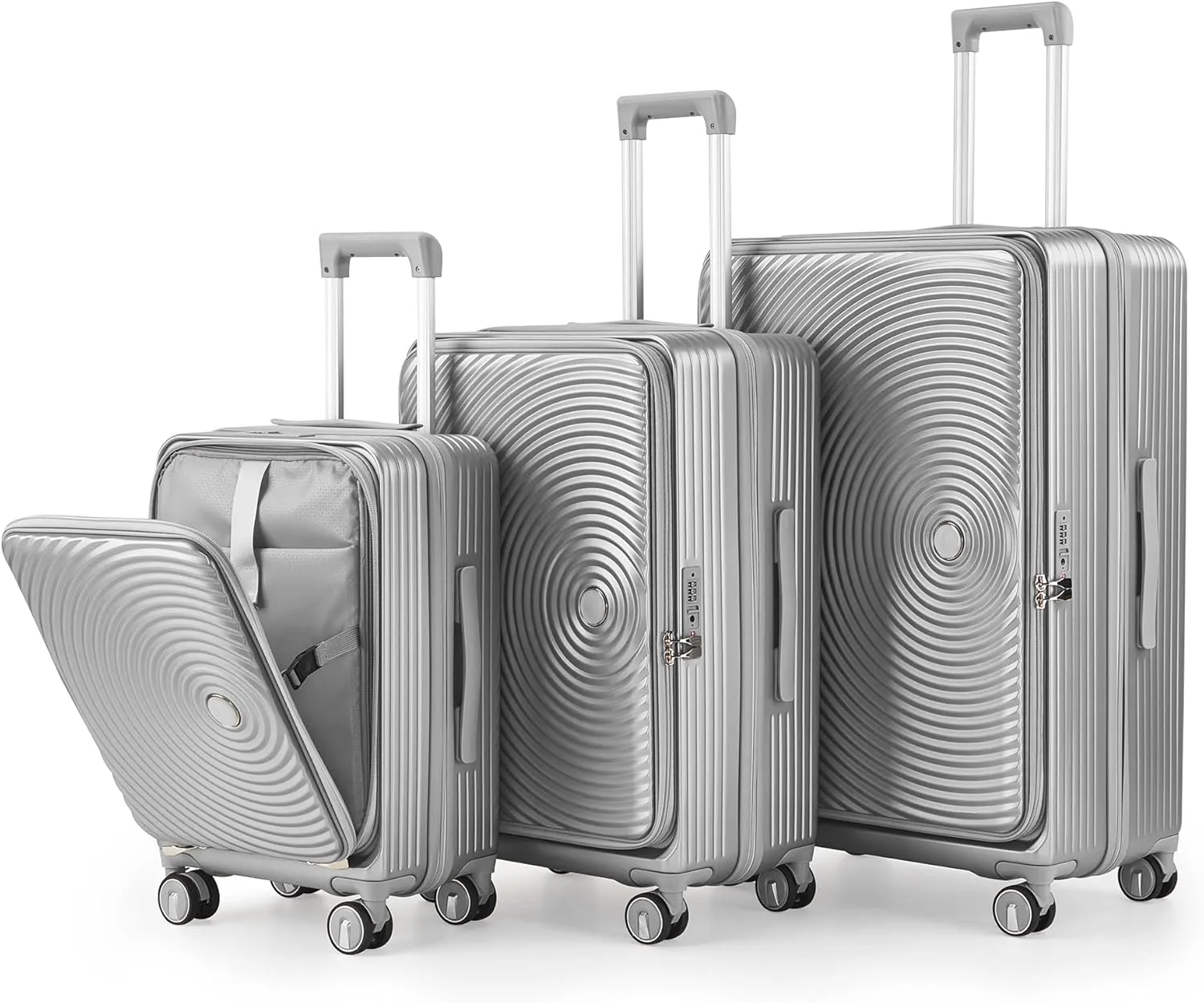 3 Piece Luggage Set, Expandable Carry On Suitcase with Front Pocket, Lightweight Hard Shell Design, Silver