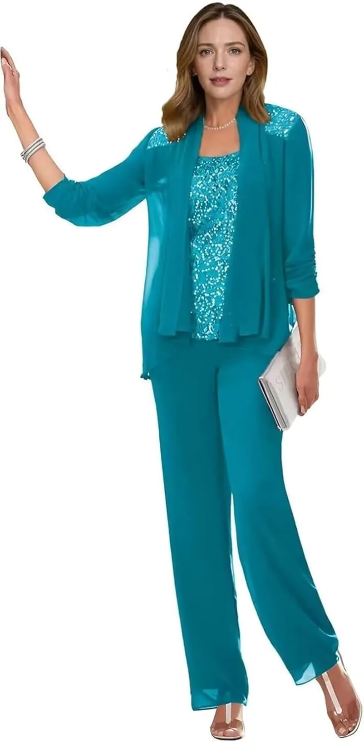 3 Pieces Mother of The Bride Pant Suit for Women Casual Sequin Chiffon Formal Outfits Long Pantsuits with Jacket