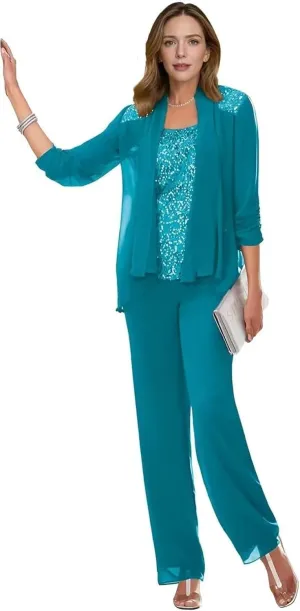 3 Pieces Mother of The Bride Pant Suit for Women Casual Sequin Chiffon Formal Outfits Long Pantsuits with Jacket