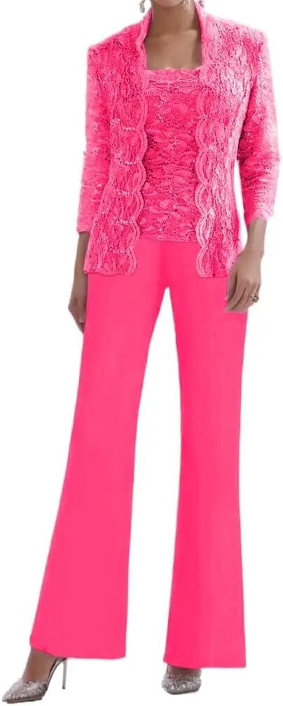 3 Pieces Mother of The Bride Pant Suits for Women Chiffon Laces Applique Formal Evening Gowns with Jacket