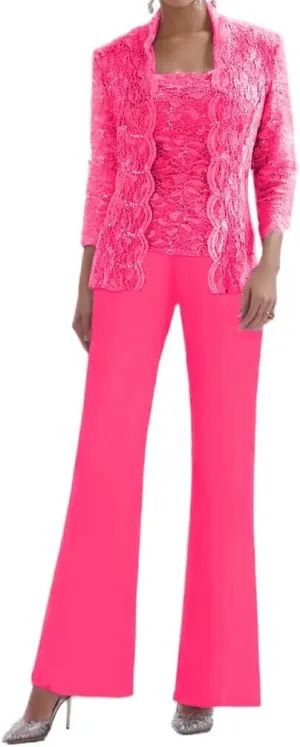 3 Pieces Mother of The Bride Pant Suits for Women Chiffon Laces Applique Formal Evening Gowns with Jacket