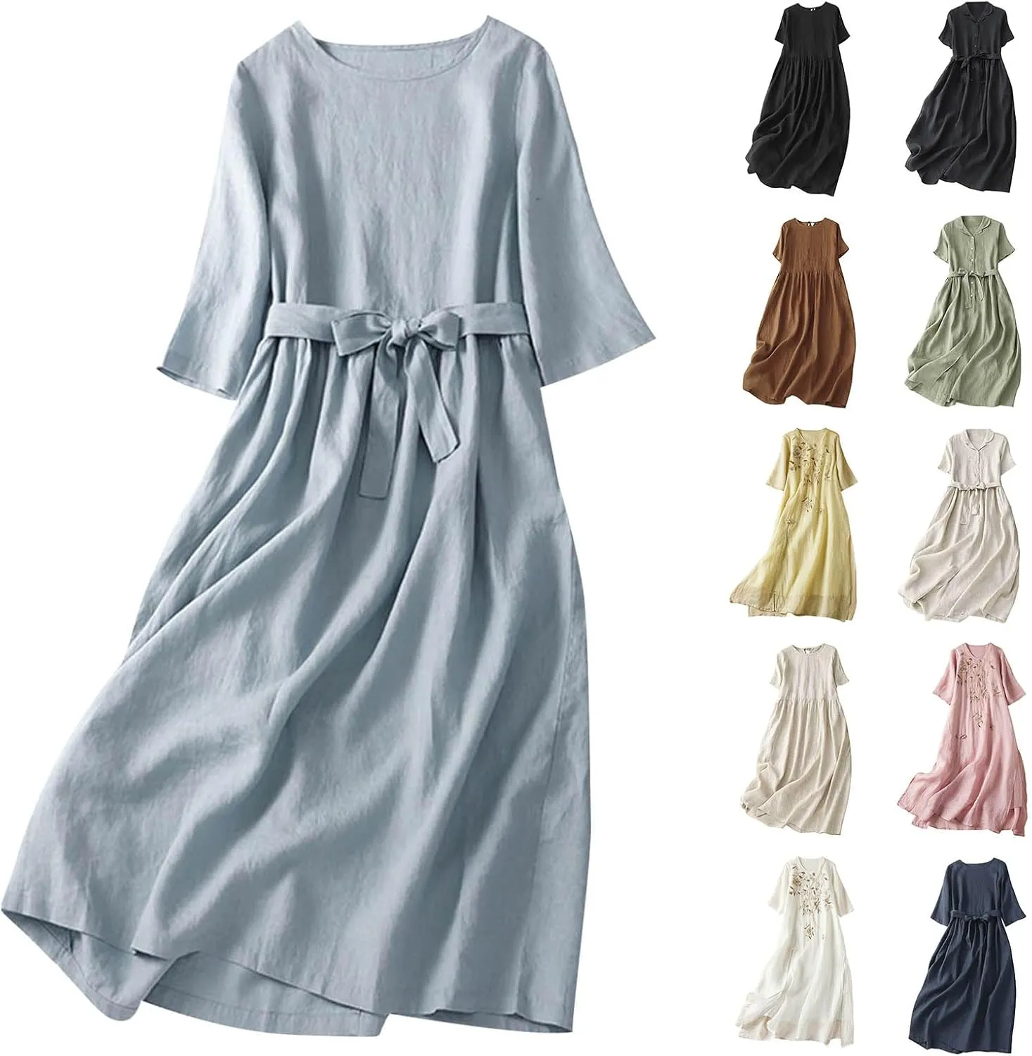 3/4 Sleeve Dresses for Women 2025 Vacation Cotton Linen Maxi Button Sundress Plus Size A Line Dress Trendy Maxi Dress