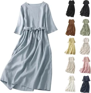 3/4 Sleeve Dresses for Women 2025 Vacation Cotton Linen Maxi Button Sundress Plus Size A Line Dress Trendy Maxi Dress