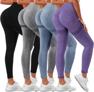 4 Pack Women Butt Lifting Workout Leggings, High Waist Seamless Gym Legging Yoga Scrunch Pants