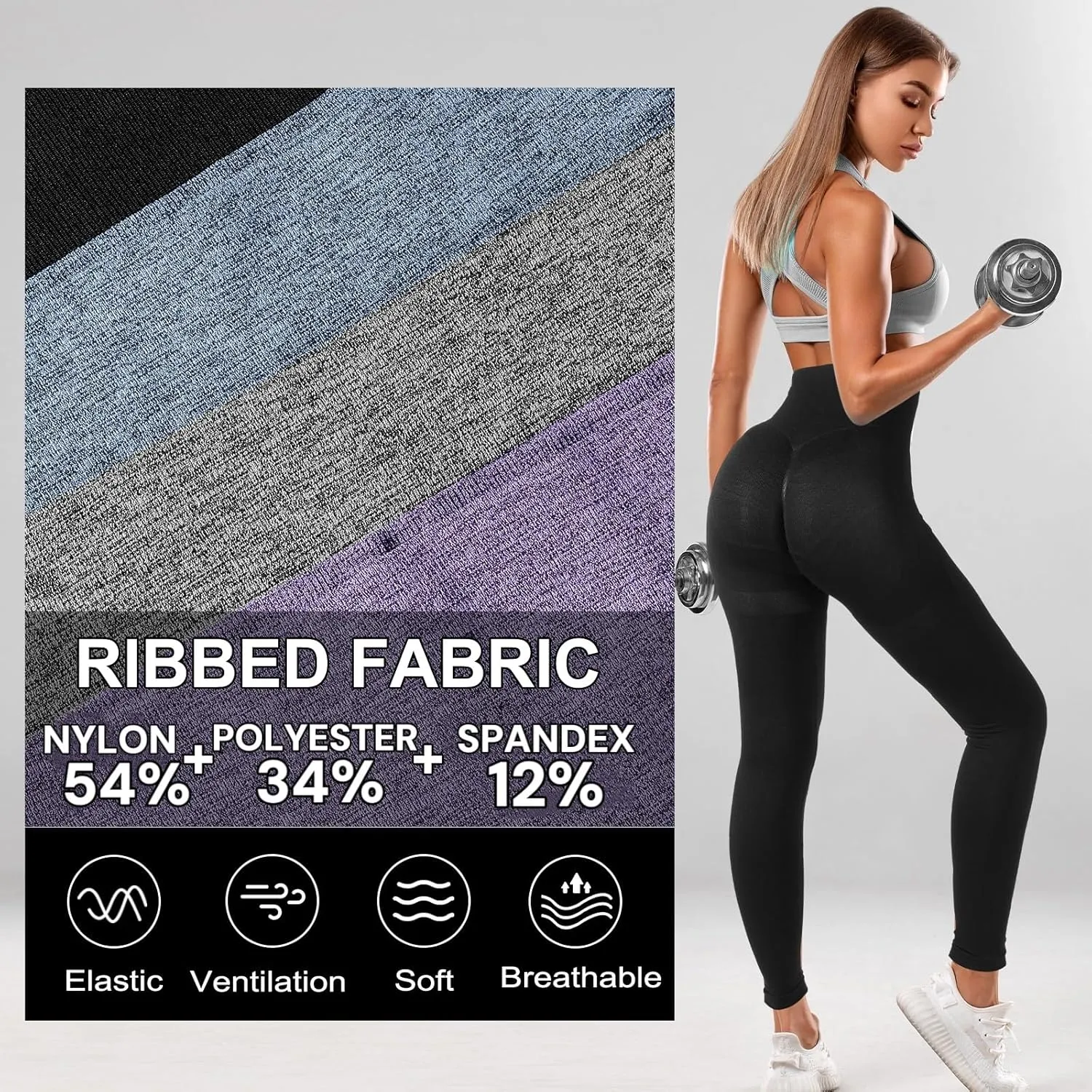 4 Pack Women Butt Lifting Workout Leggings, High Waist Seamless Gym Legging Yoga Scrunch Pants