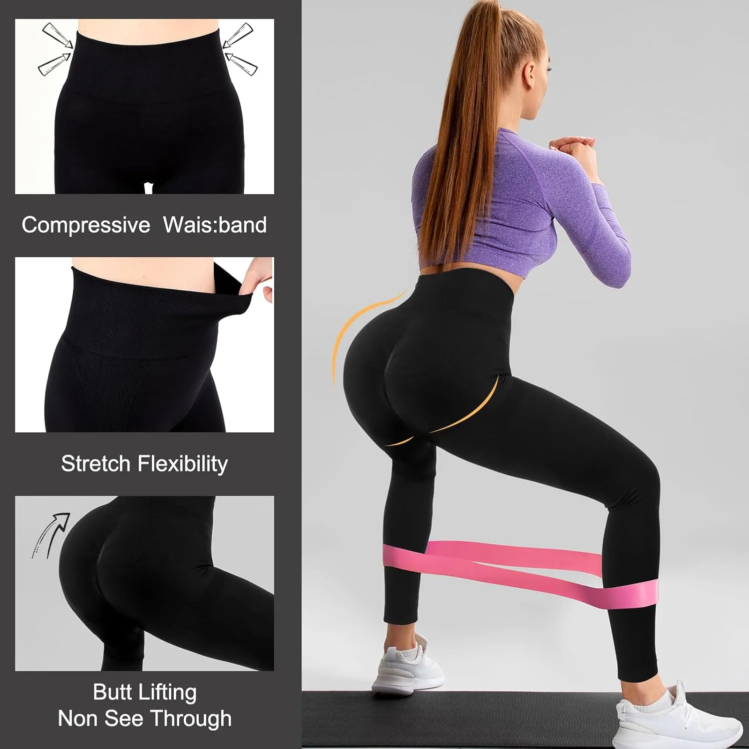 4 Pack Women Butt Lifting Workout Leggings, High Waist Seamless Gym Legging Yoga Scrunch Pants