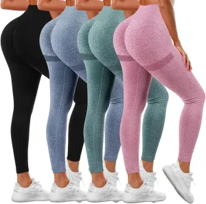 4 Pack Women Butt Lifting Workout Leggings, High Waist Seamless Gym Legging Yoga Scrunch Pants