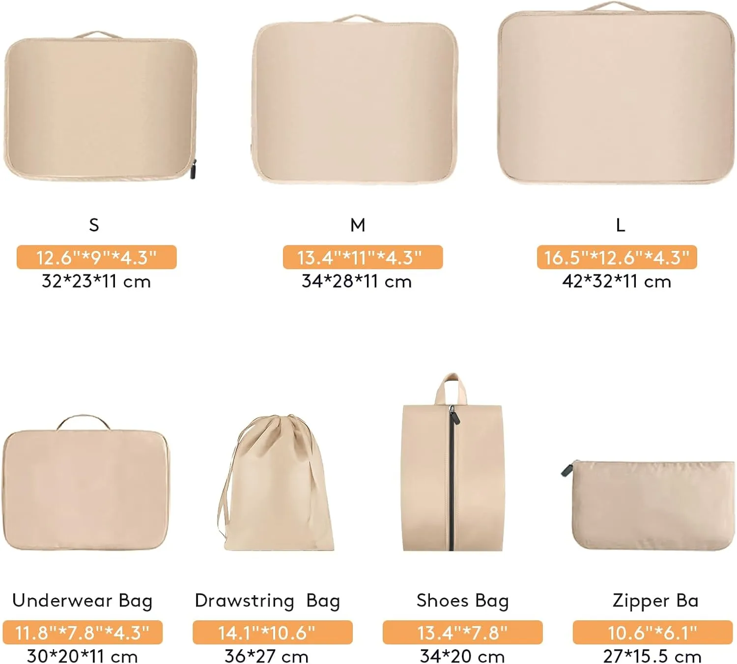 7 Set Packing Cubes Various Sizes Latest Double-Sided Water-Resistant Packing Organizer for Travel Accessories Luggage Carry On Suitcase Cream