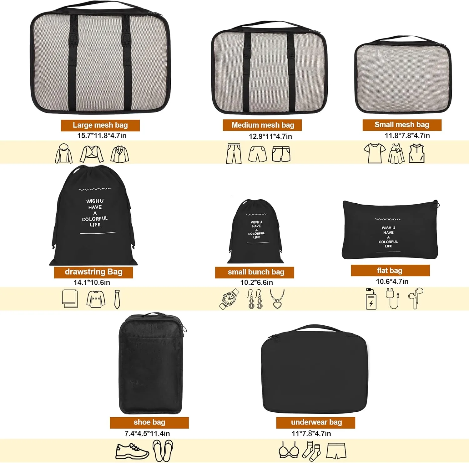 8 Set Packing Cubes for Suitcases, kingdalux Black Travel Luggage Packing Organizers with Laundry Bag, Compression Storage Shoe Bag, Clothing Underwear Bag, for Women & Man