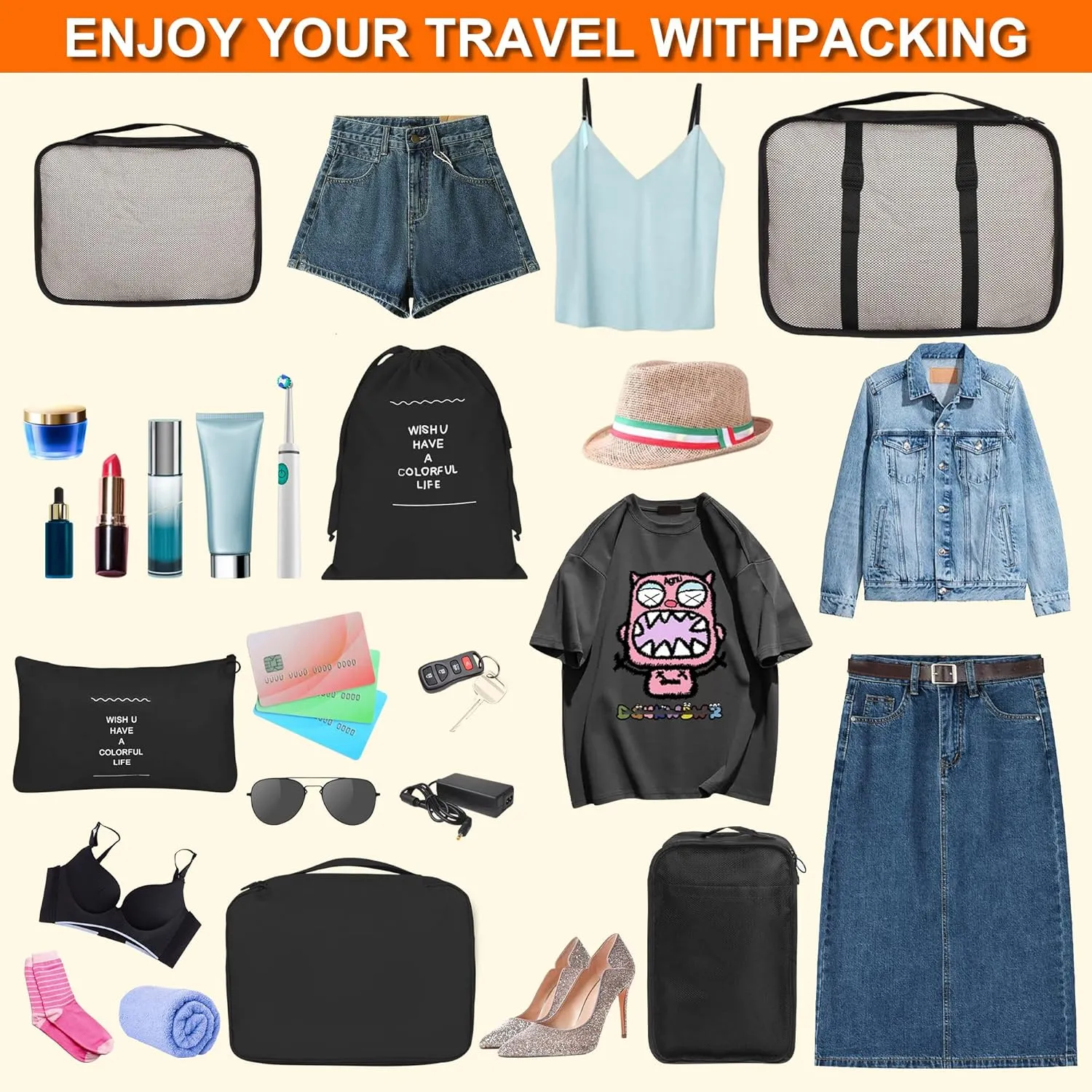 8 Set Packing Cubes for Suitcases, kingdalux Black Travel Luggage Packing Organizers with Laundry Bag, Compression Storage Shoe Bag, Clothing Underwear Bag, for Women & Man