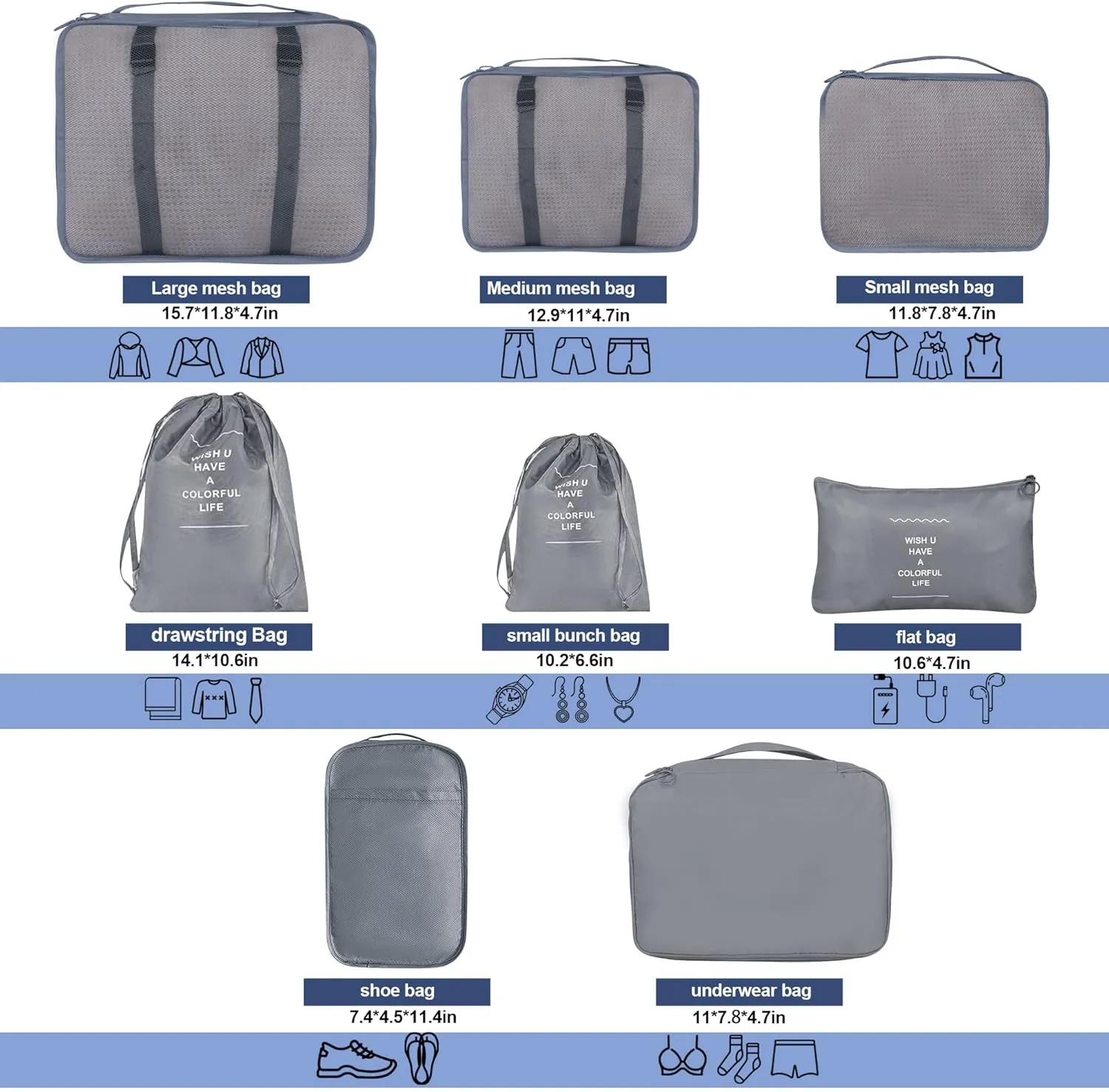 8 Set Packing Cubes for Suitcases, kingdalux Grey Travel Luggage Packing Organizers with Laundry Bag, Compression Storage Shoe Bag, Clothing Underwear Bag, for Women & Man