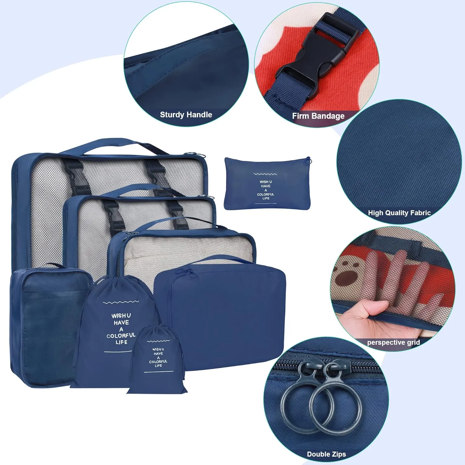 8 Set Packing Cubes for Suitcases, kingdalux Navy Blue Travel Luggage Packing Organizers with Laundry Bag, Compression Storage Shoe Bag, Clothing Underwear Bag, for Women & Man