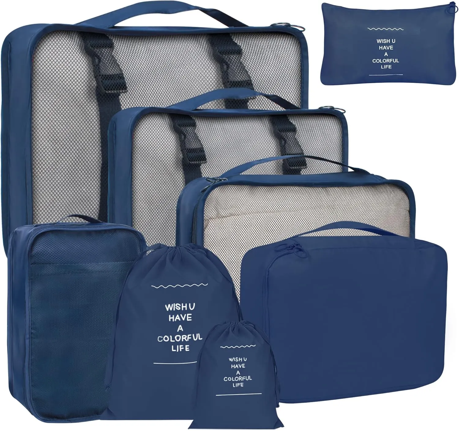 8 Set Packing Cubes for Suitcases, kingdalux Navy Blue Travel Luggage Packing Organizers with Laundry Bag, Compression Storage Shoe Bag, Clothing Underwear Bag, for Women & Man