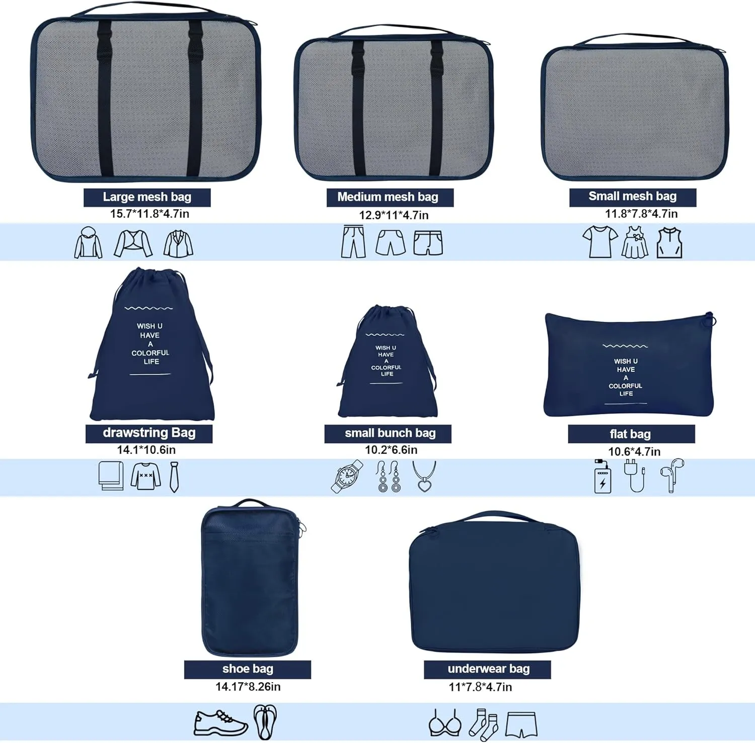 8 Set Packing Cubes for Suitcases, kingdalux Navy Blue Travel Luggage Packing Organizers with Laundry Bag, Compression Storage Shoe Bag, Clothing Underwear Bag, for Women & Man