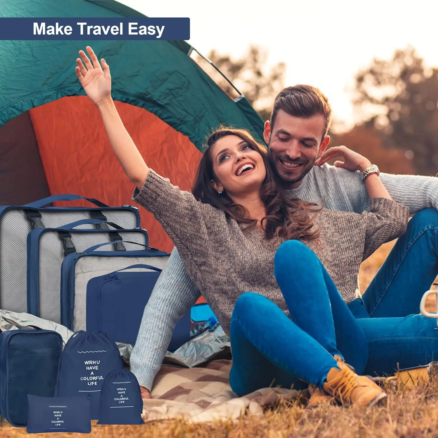 8 Set Packing Cubes for Suitcases, kingdalux Navy Blue Travel Luggage Packing Organizers with Laundry Bag, Compression Storage Shoe Bag, Clothing Underwear Bag, for Women & Man