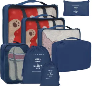 8 Set Packing Cubes for Suitcases, kingdalux Navy Blue Travel Luggage Packing Organizers with Laundry Bag, Compression Storage Shoe Bag, Clothing Underwear Bag, for Women & Man