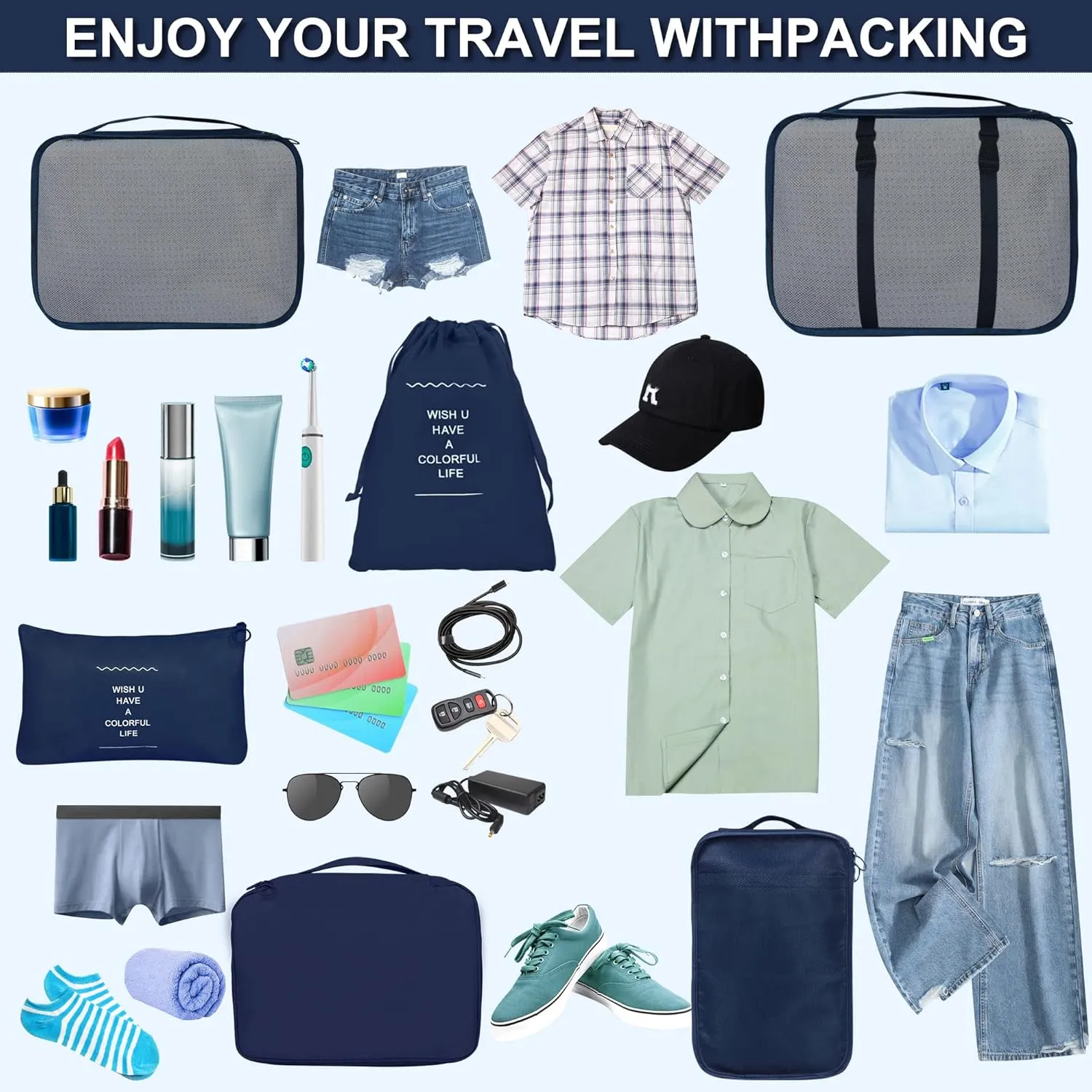 8 Set Packing Cubes for Suitcases, kingdalux Navy Blue Travel Luggage Packing Organizers with Laundry Bag, Compression Storage Shoe Bag, Clothing Underwear Bag, for Women & Man