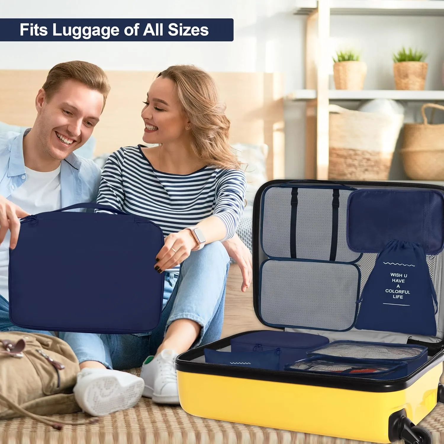 8 Set Packing Cubes for Suitcases, kingdalux Navy Blue Travel Luggage Packing Organizers with Laundry Bag, Compression Storage Shoe Bag, Clothing Underwear Bag, for Women & Man