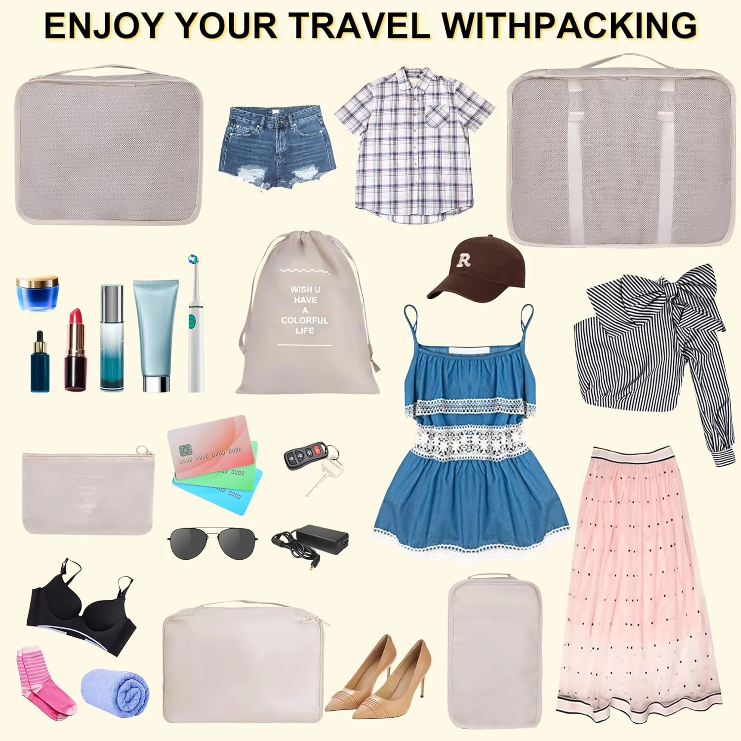 8 Set Packing Cubes for Suitcases, kingdalux Travel Luggage Packing Organizers with Laundry Bag, Compression Storage Shoe Bag, Clothing Underwear Bag, for Man & Women