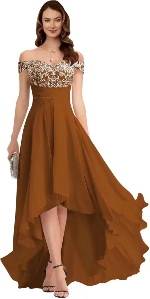 A-line Appliques Chiffon Prom Dress for Women, High-Low Sweetheart Bridesmaid Dress Formal Evening Gown