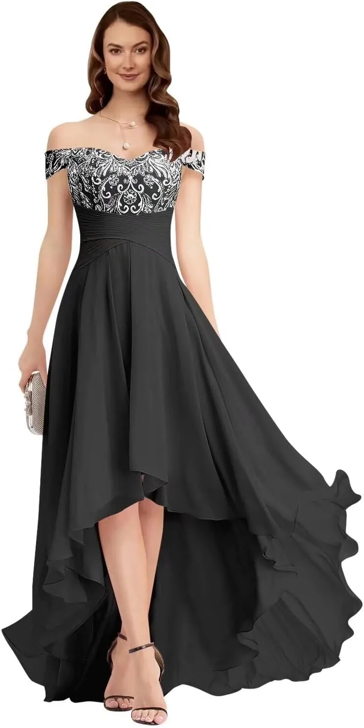 A-line Appliques Chiffon Prom Dress for Women, High-Low Sweetheart Bridesmaid Dress Formal Evening Gown