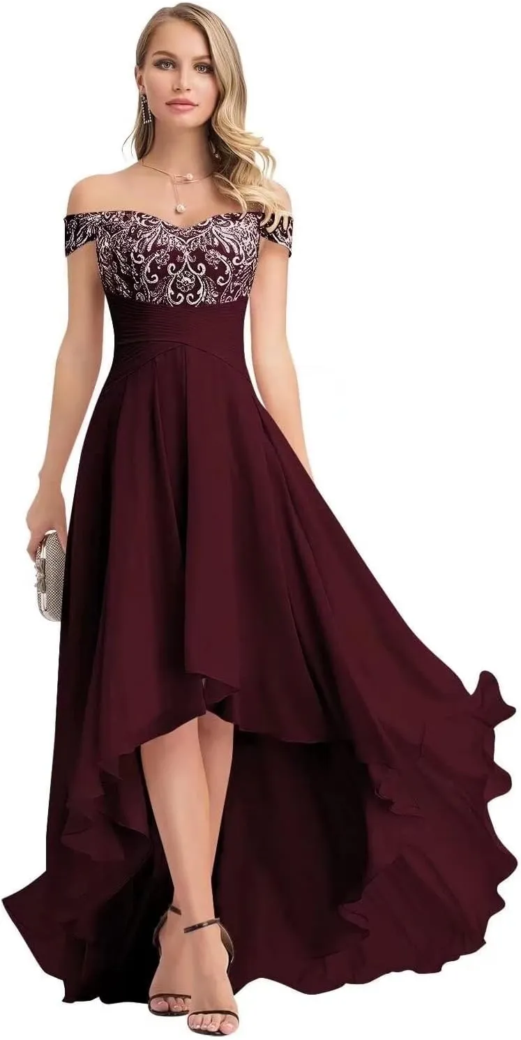 A-line Appliques Chiffon Prom Dress for Women, High-Low Sweetheart Bridesmaid Dress Formal Evening Gown