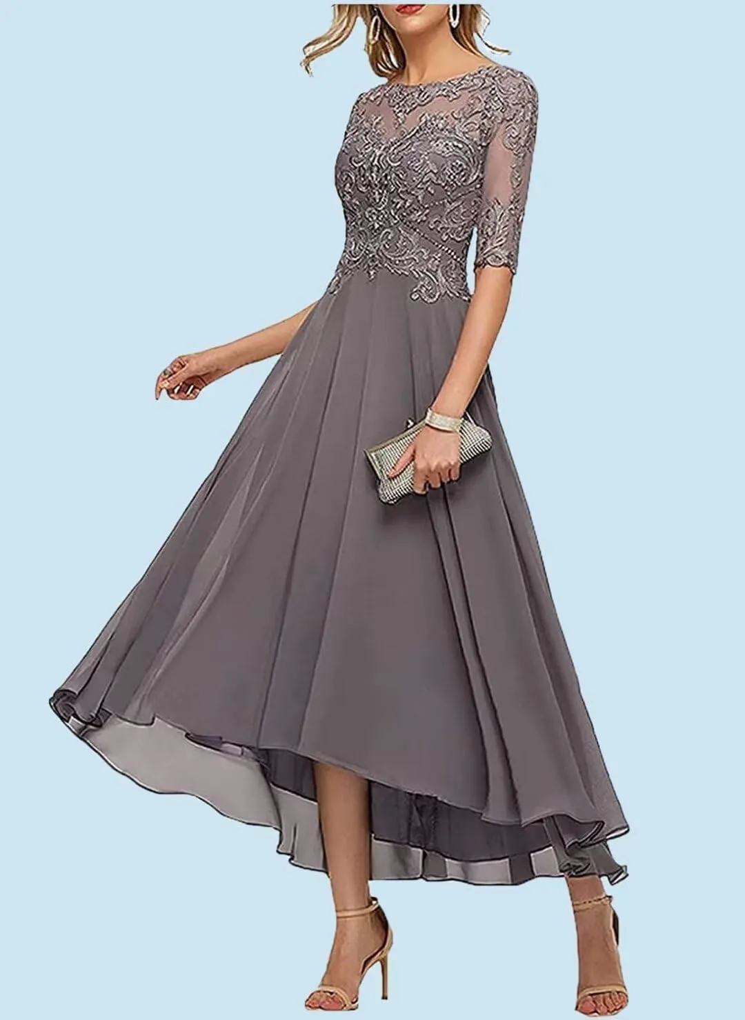 A Line Tea Length Mother of The Bride Dress 3/4 Sleeves Lace Applique Chiffon Formal Evening Party Gowns