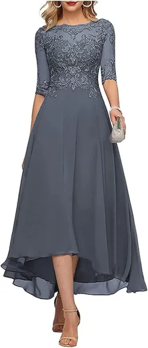 A Line Tea Length Mother of The Bride Dress 3/4 Sleeves Lace Applique Chiffon Formal Evening Party Gowns