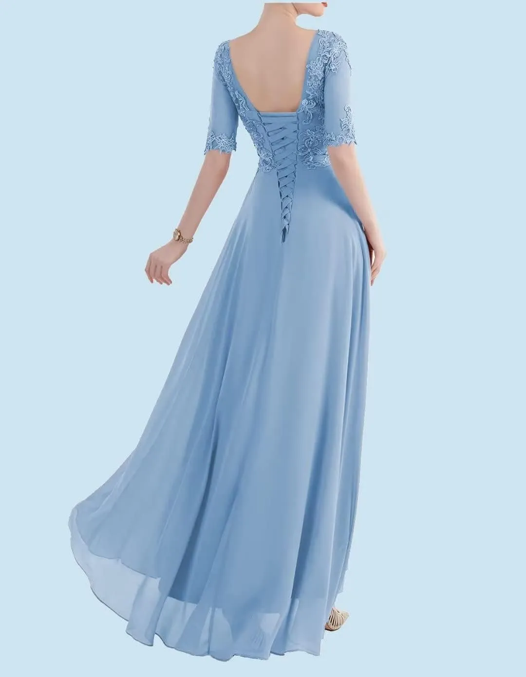 A Line Tea Length Mother of The Bride Dress 3/4 Sleeves Lace Applique Chiffon Formal Evening Party Gowns