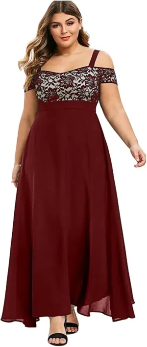 ADHOWBEW Fall Dresses for Women 2023 Fall Fashion Cold Shoulder Chiffon Maxi Dress Plus Size Formal Wedding Guest Homecoming Dresses Vestidos Elegantes de Mujer para Fiesta,Wine XL