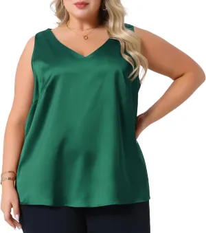 Agnes Orinda Plus Size Silk Satin Tank Tops for Women V Neck Casual Cami Sleeveless Blouses Summer Basic Tank