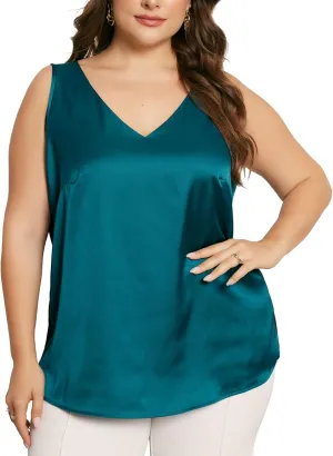 Agnes Orinda Plus Size Silk Satin Tank Tops for Women V Neck Casual Cami Sleeveless Blouses Summer Basic Tank