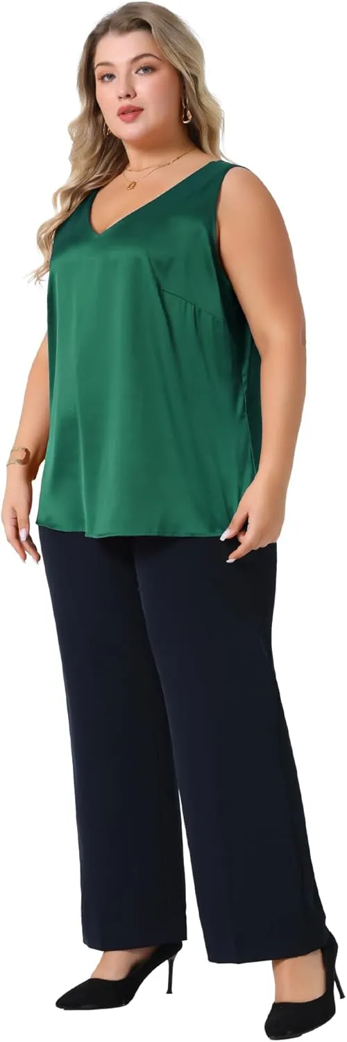 Agnes Orinda Plus Size Silk Satin Tank Tops for Women V Neck Casual Cami Sleeveless Blouses Summer Basic Tank