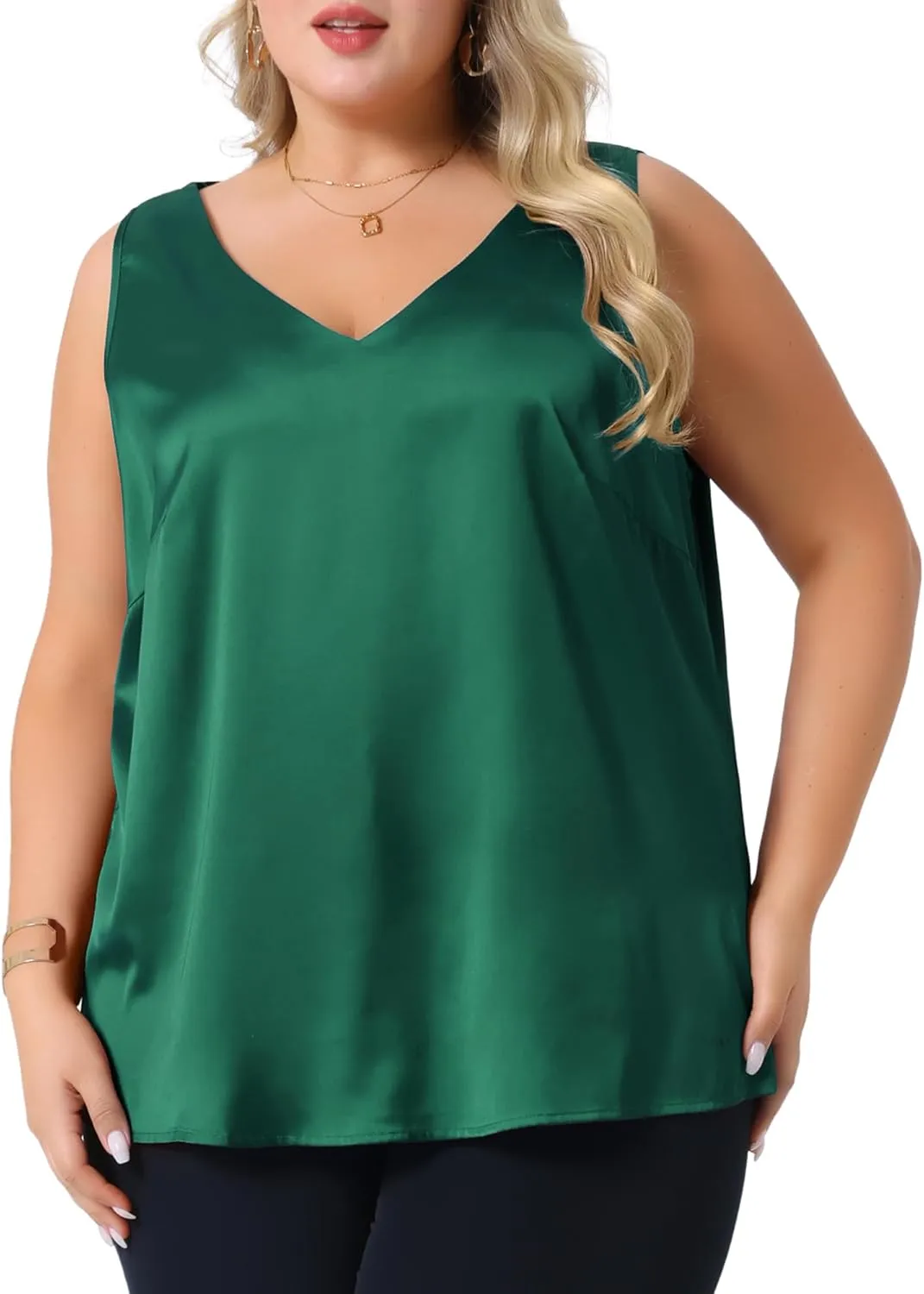 Agnes Orinda Plus Size Silk Satin Tank Tops for Women V Neck Casual Cami Sleeveless Blouses Summer Basic Tank