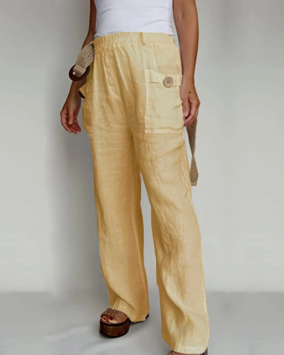 Akivide Women Loose Linen Pant High Waist Wide Leg Comfy Pant Summer Casual Beach Flowy Vacation Capri Trouser with Pocket