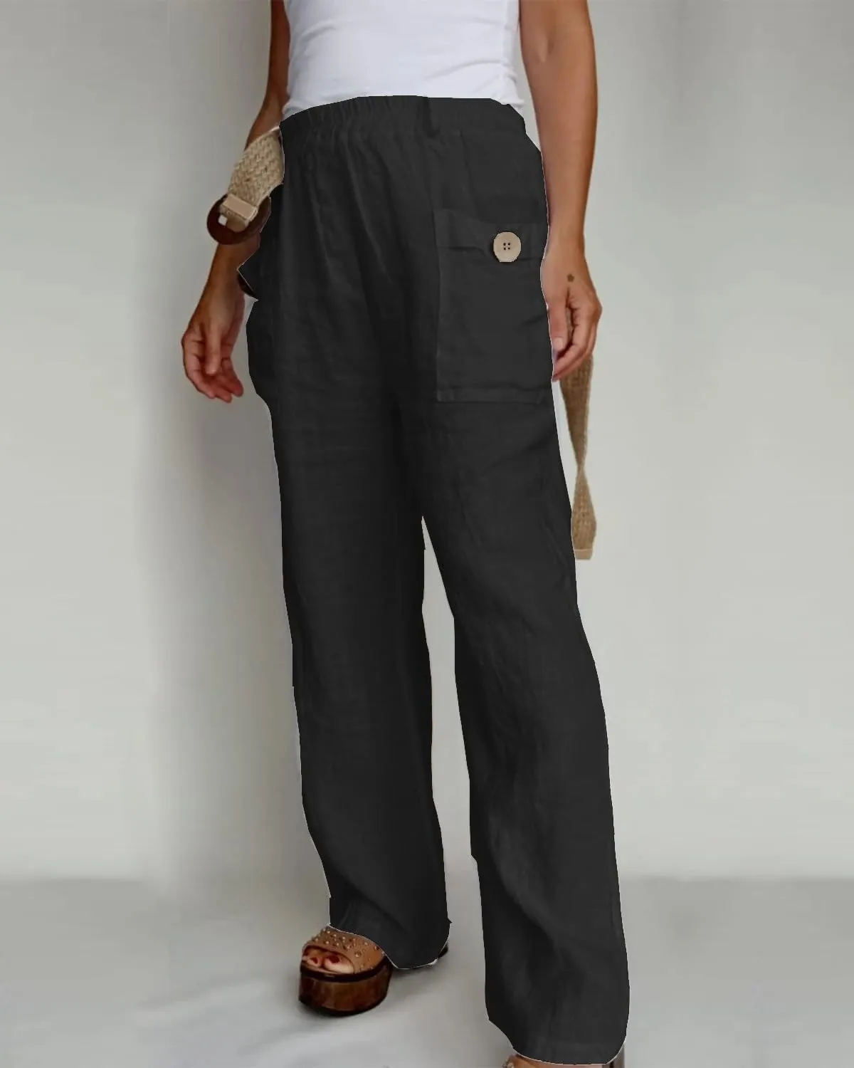 Akivide Women Loose Linen Pant High Waist Wide Leg Comfy Pant Summer Casual Beach Flowy Vacation Capri Trouser with Pocket