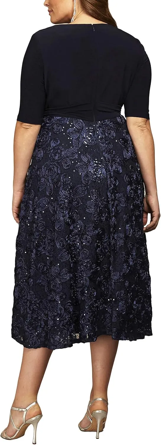Alex Evenings Women's Plus Size Tea Length Dress with Rosette Detail