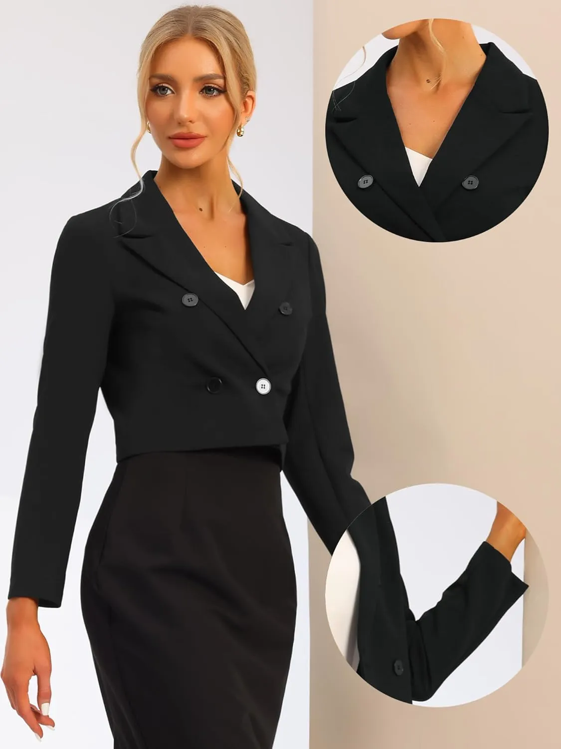 Allegra K Business Casual Cropped Blazer for Women's 2025 Trendy Double Breasted Long Sleeve Short Jacket