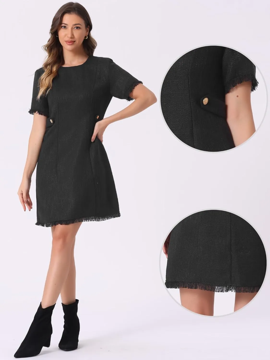 Allegra K Tweed Sweater Dress for Women's Round Neck Short Sleeves Work Elegant Casual Knit Midi Shift Dresses