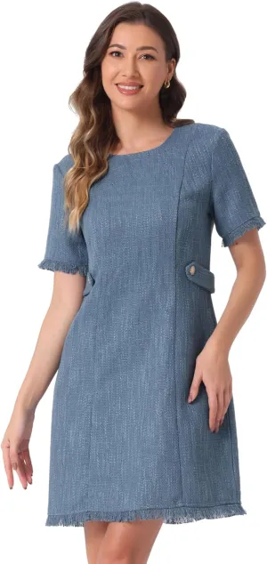 Allegra K Tweed Sweater Dress for Women's Round Neck Short Sleeves Work Elegant Casual Knit Midi Shift Dresses
