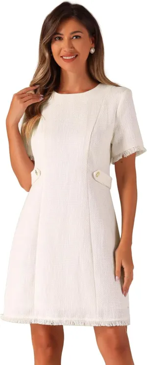 Allegra K Tweed Sweater Dress for Women's Round Neck Short Sleeves Work Elegant Casual Knit Midi Shift Dresses