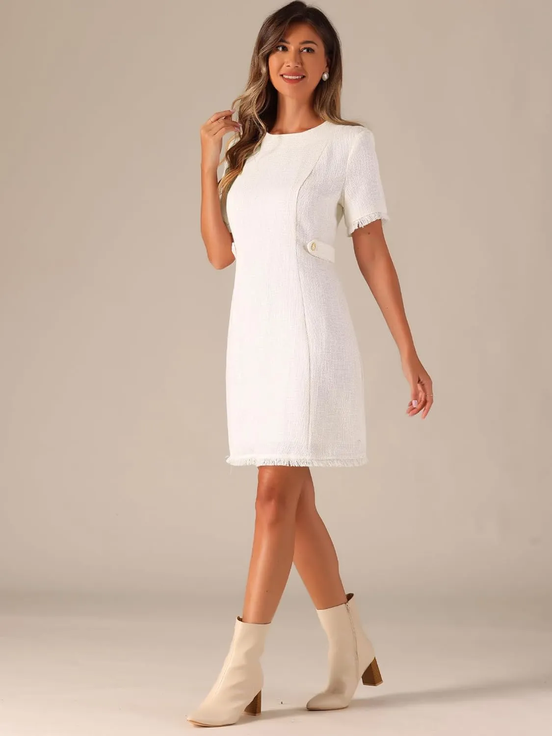 Allegra K Tweed Sweater Dress for Women's Round Neck Short Sleeves Work Elegant Casual Knit Midi Shift Dresses