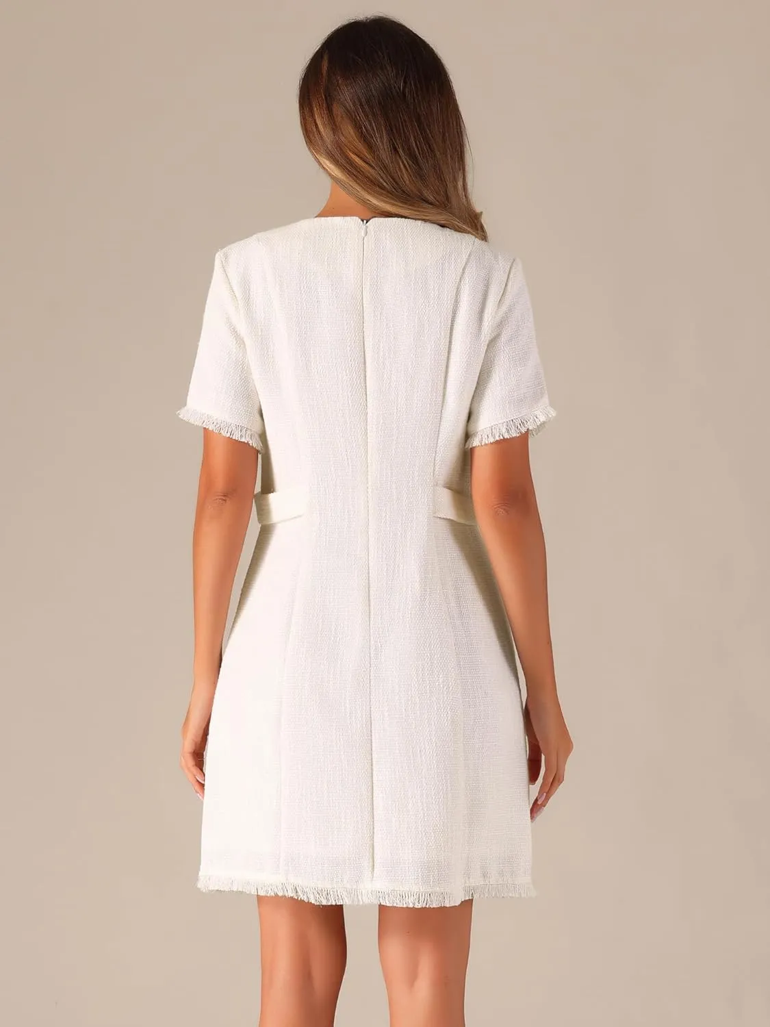 Allegra K Tweed Sweater Dress for Women's Round Neck Short Sleeves Work Elegant Casual Knit Midi Shift Dresses