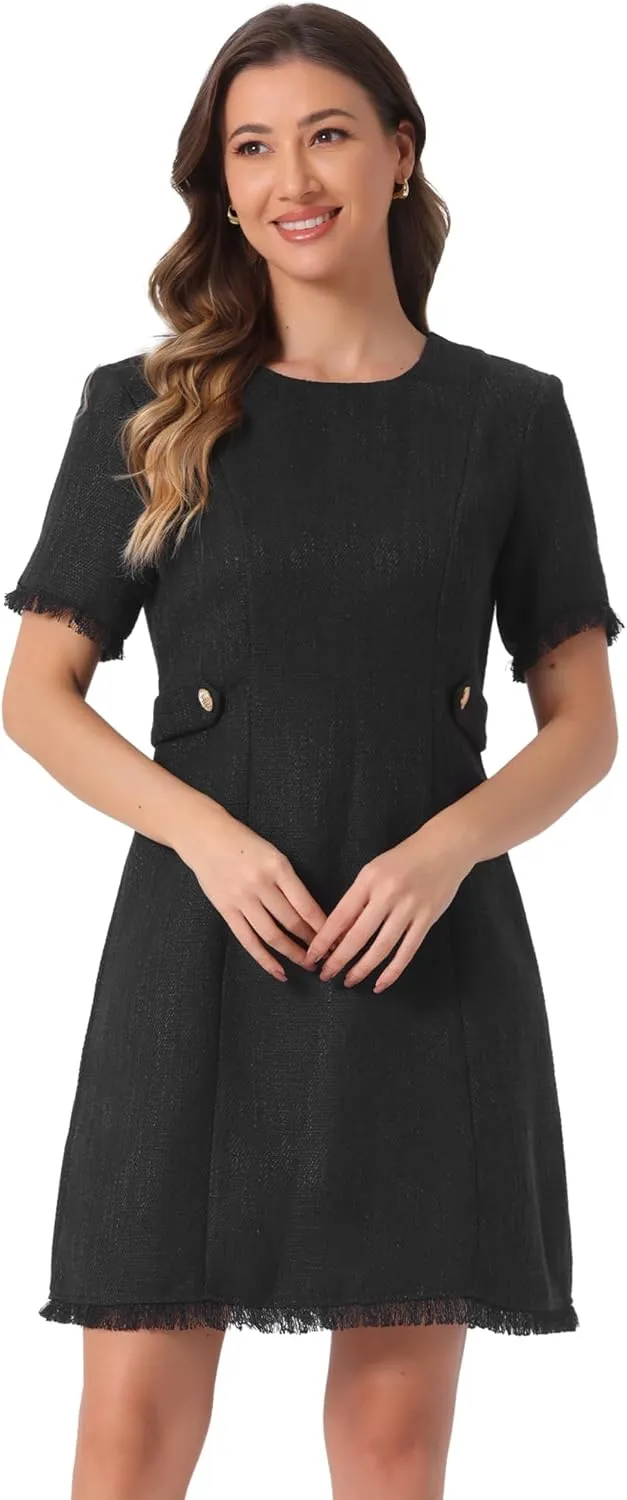 Allegra K Tweed Sweater Dress for Women's Round Neck Short Sleeves Work Elegant Casual Knit Midi Shift Dresses